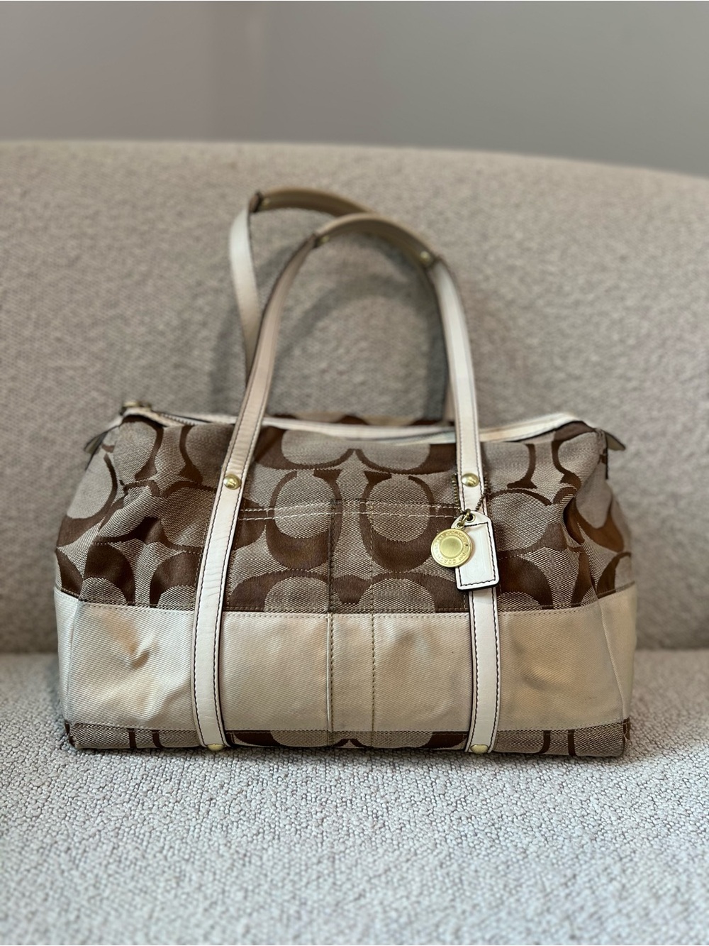 Coach Brown Signature Canvas Tote with Cream Trim and Gold Charm